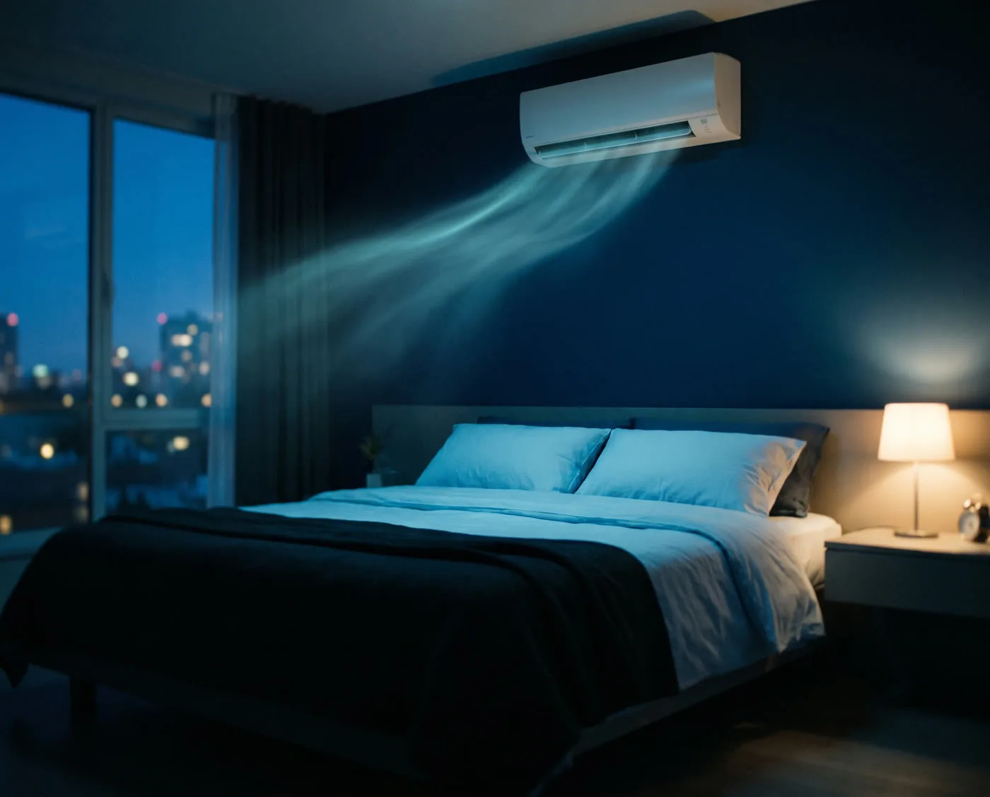 Quarto à noite com ar-condicionado ligado e luz suave de abajur