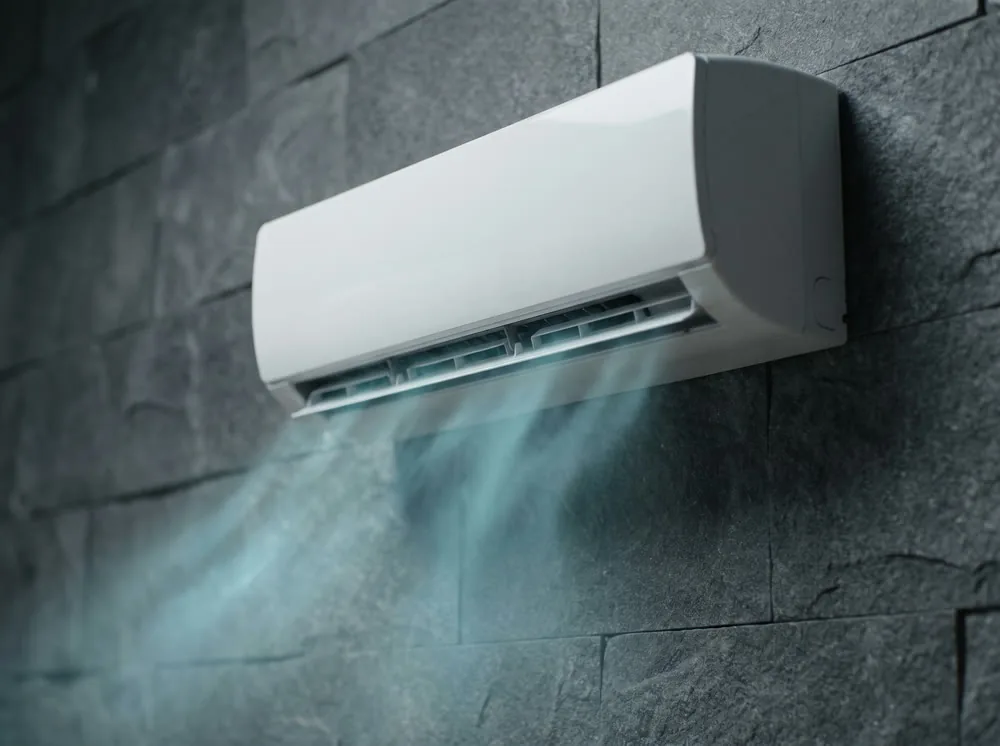 Ar-condicionado split branco instalado numa parede de pedra escura