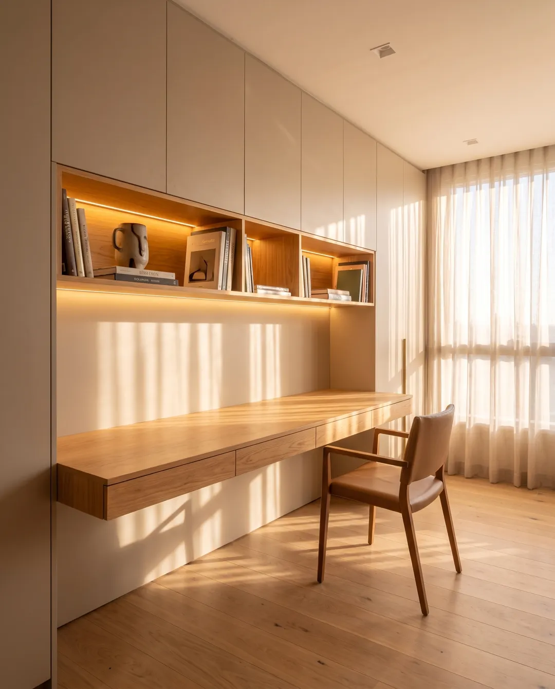 Home office com bancada em freijó, nichos iluminados e armários greige