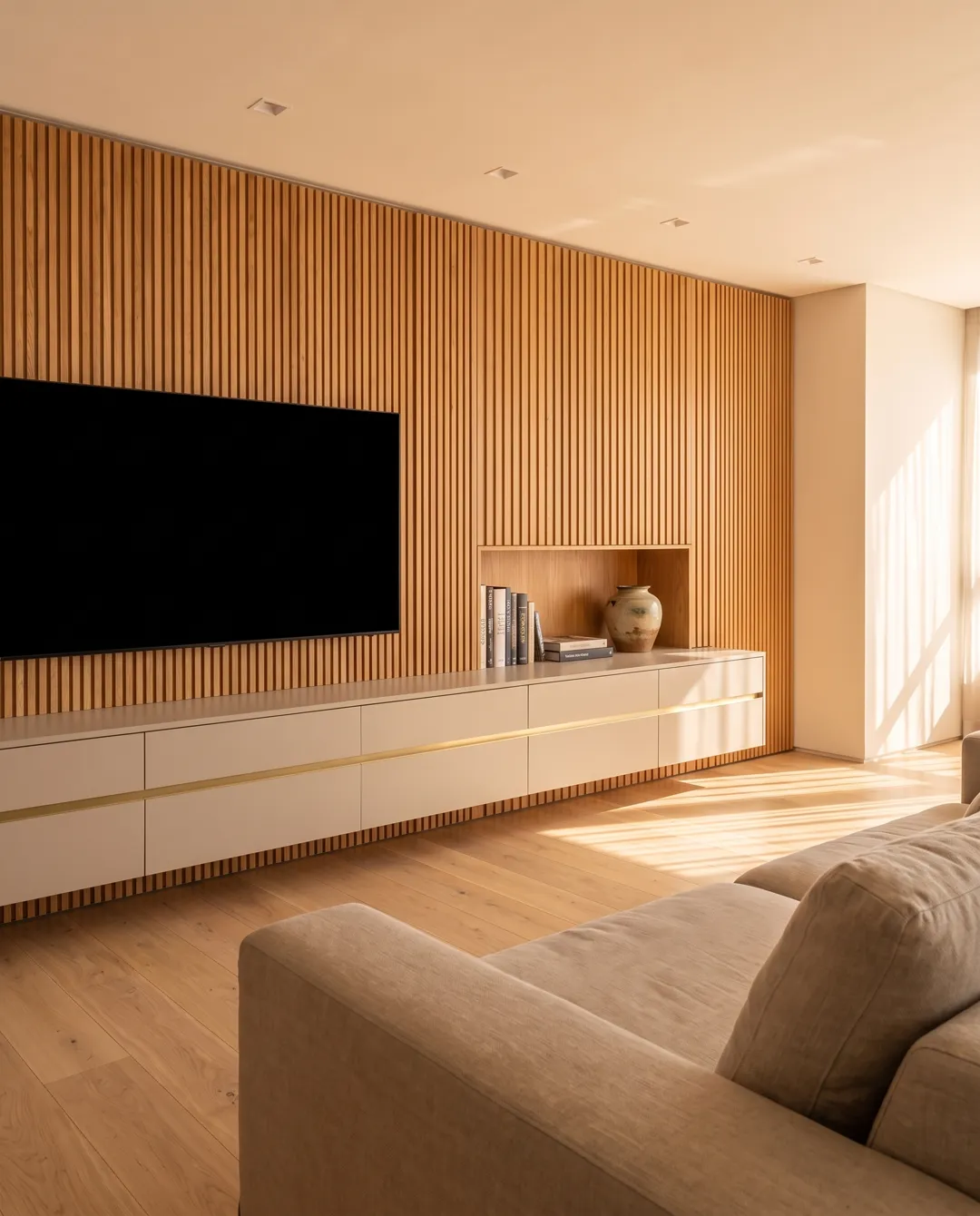 Sala com painel ripado de freijó, rack suspenso e nicho iluminado