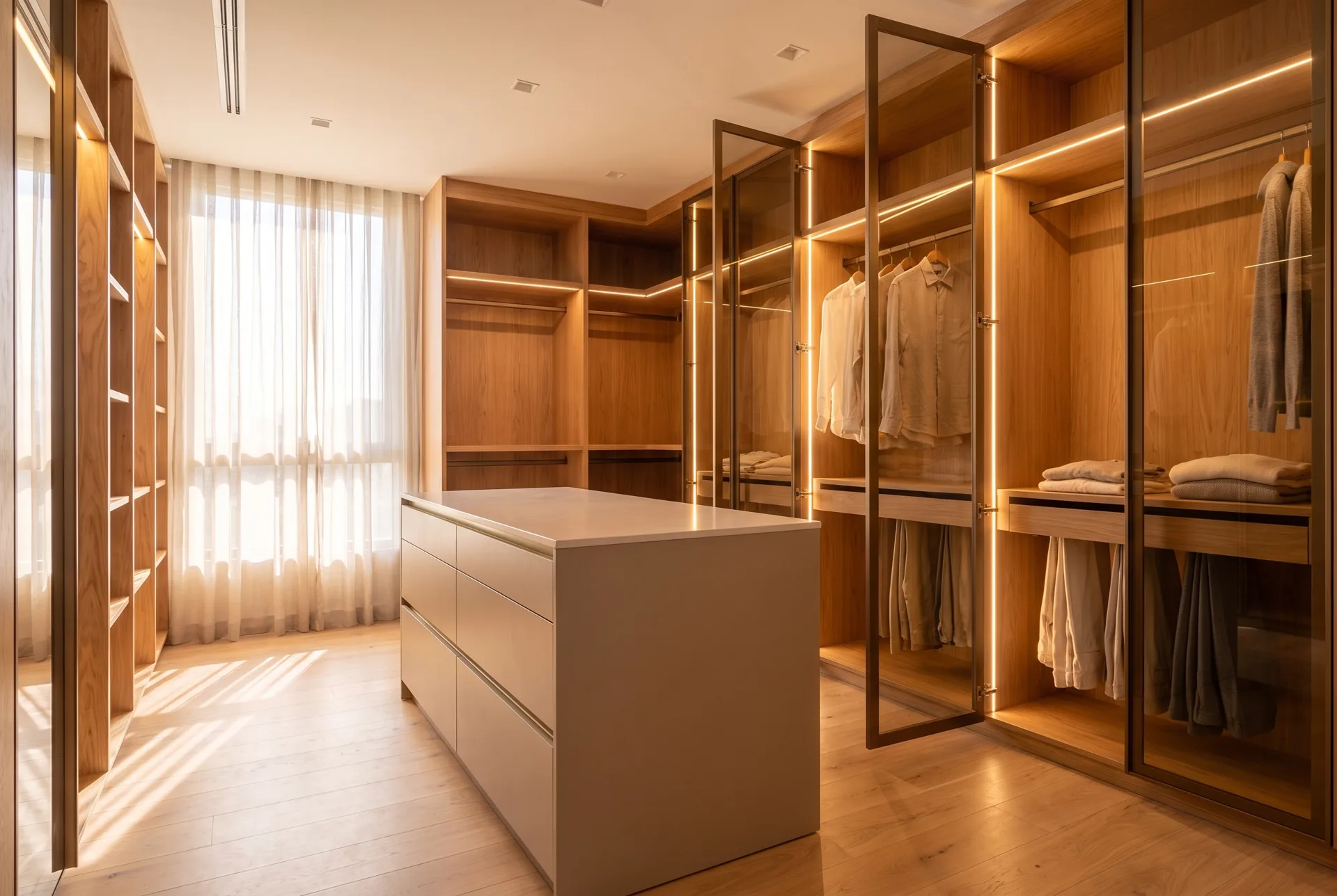 Closet com prateleiras em freijó, LED e ilha central