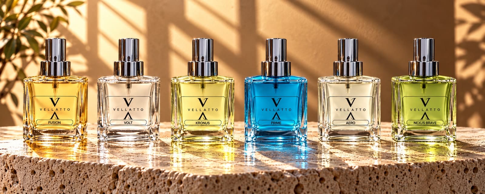 Linha masculina Vellatto: Fusion, Volt, Kronus, Prime, Aero e Nexus Brave lado a lado sobre a pedra, na luz da janela