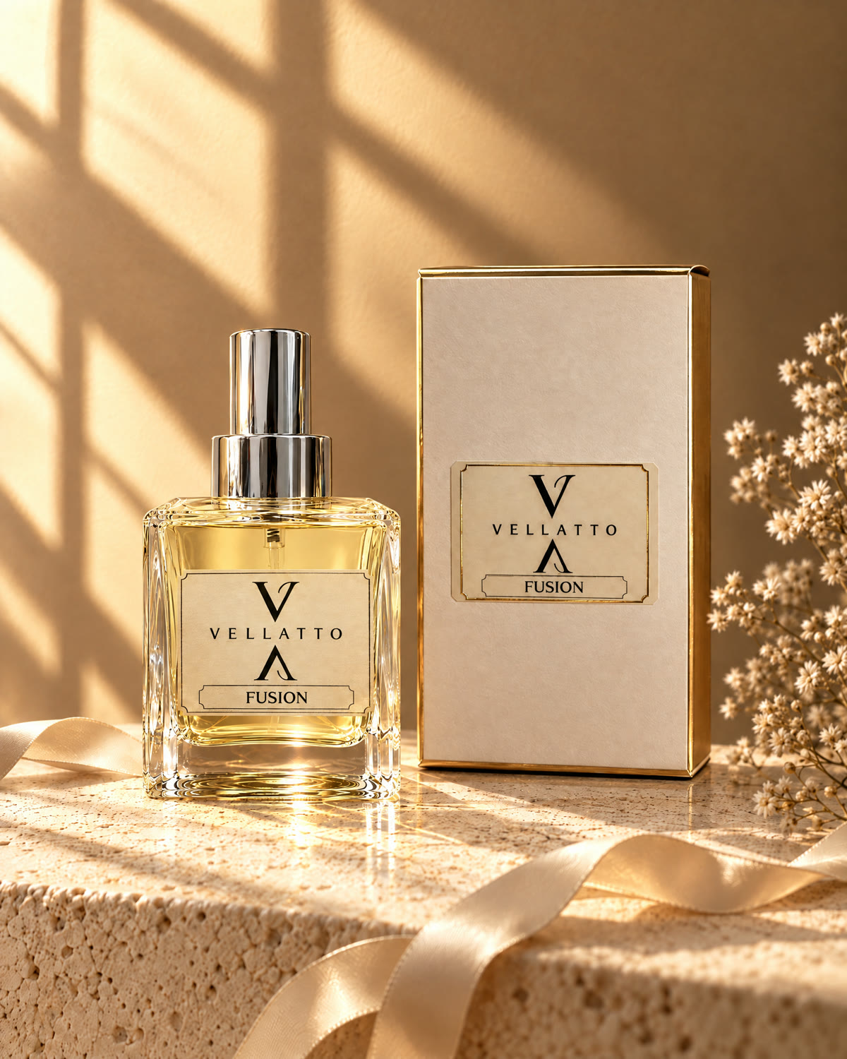 Perfume Vellatto Fusion ao lado da caixa da marca